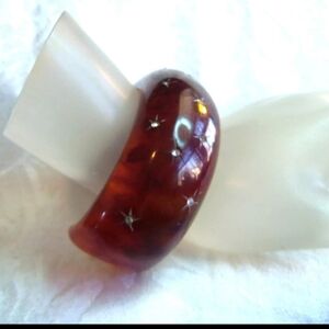 Vintage Rare Cherry Amber Bakelite Crystal Stars Studded Art Deco Bracelet Cuff